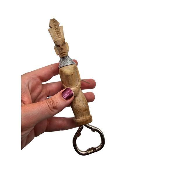 Hand Carved African Figurine Bottle Opener with Ringed Wire Collar - Picture 4 of 5